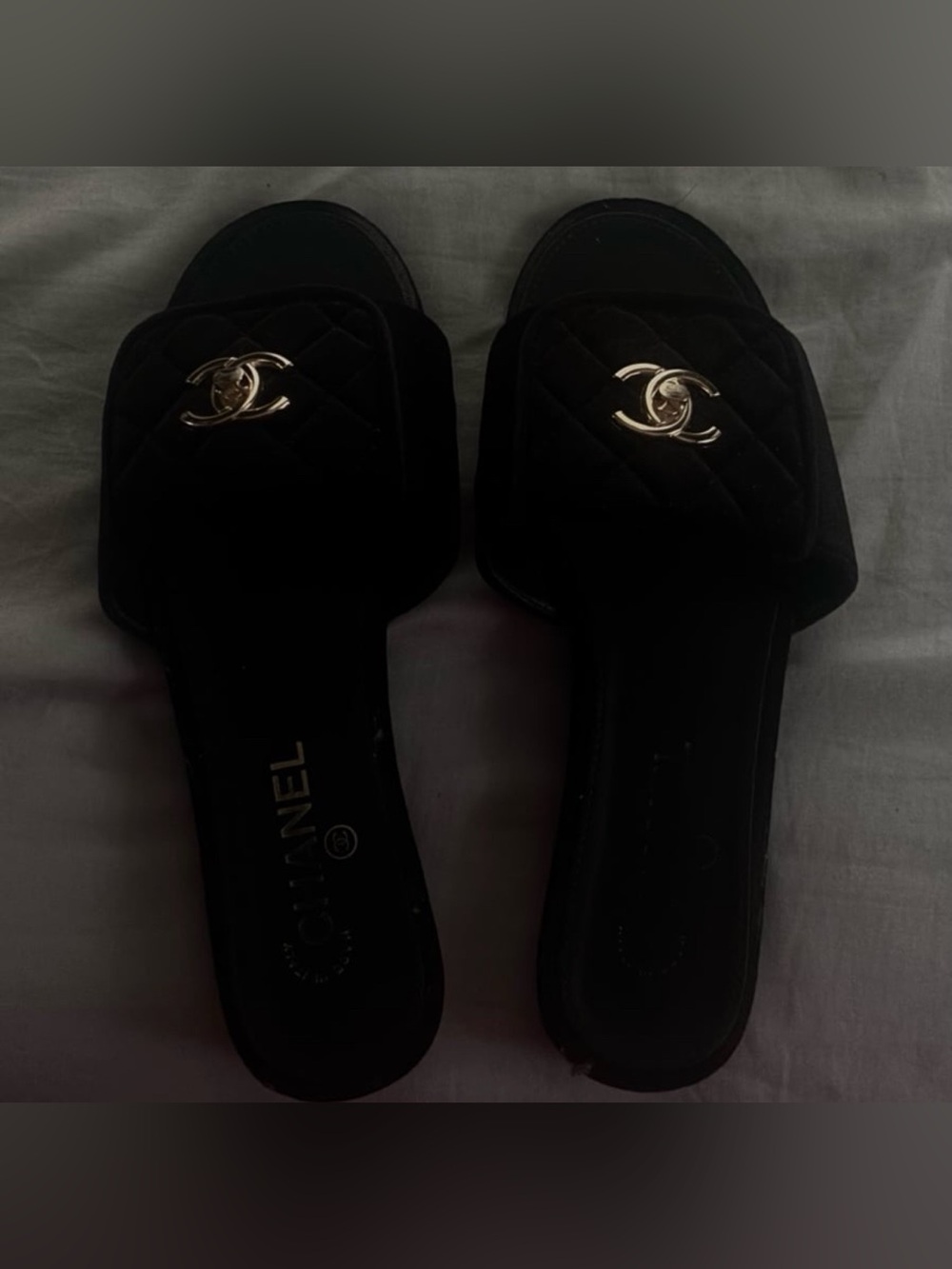 CHANEL Black Quilted Velvet Slide Mules with Gold CC
